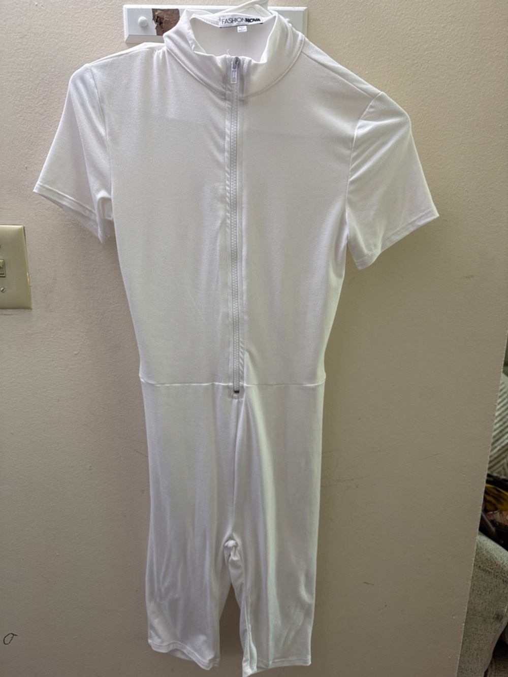 Fashion Nova White Short Sleeve Zip Front Jumpsuit Romper